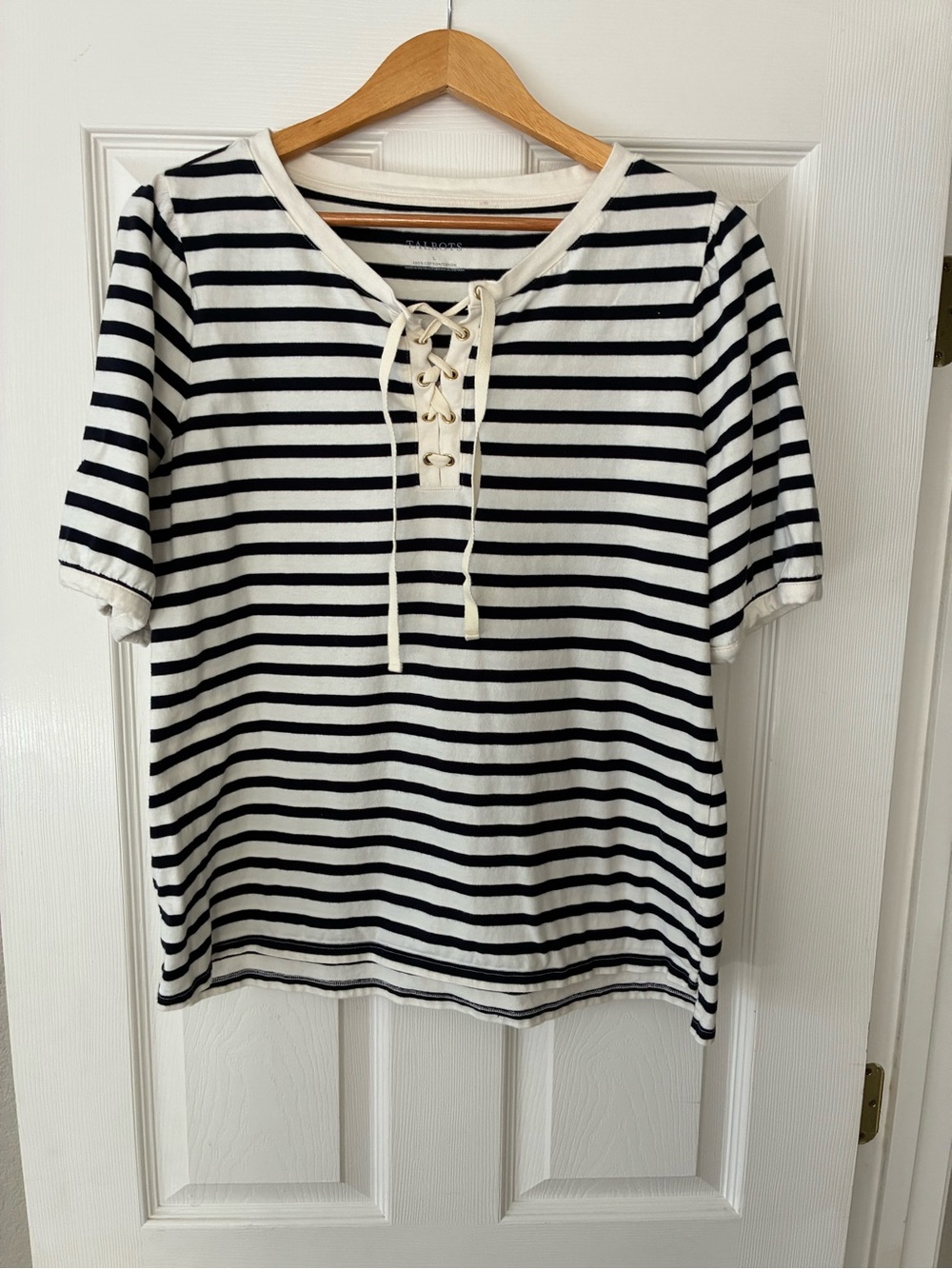 Talbots Black/Navy & White Cotton Lace-Up Striped Short Sleeve Tee - Picture 2 of 5